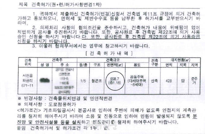 건축허가서 일부 내용, 2번 항목 마지막 부분에 중복된 문구가 게재돼있다