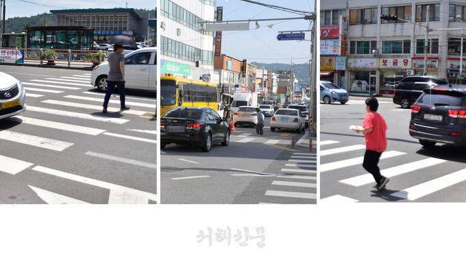 특화시장·군청사거리·축협 앞 횡단보도 모습. 보행자가 횡단보도를 건너고 있음에도 운전자 차를 멈추지 않아 이를 피해 뛰어가거나 앞뒤로 지나가는 차들에 둘러쌓이는 등 위험한 상황이 연출되고 있다.