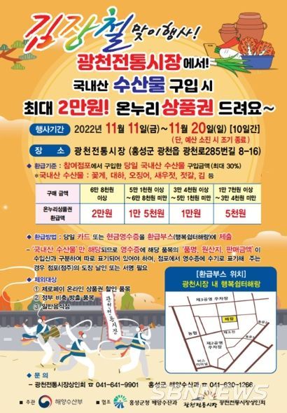 홍성군 광천전통시장, 국내산 수산물 구입 시 온누리상품권 환급!